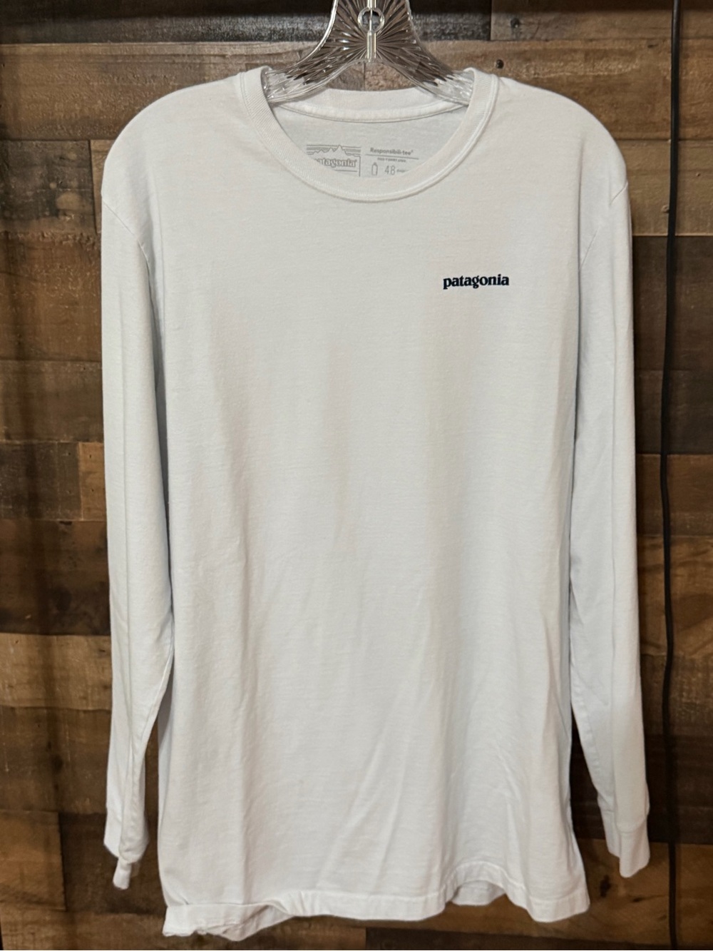 Patagonia Long-Sleeve Crew Tee — White with Navy Logo